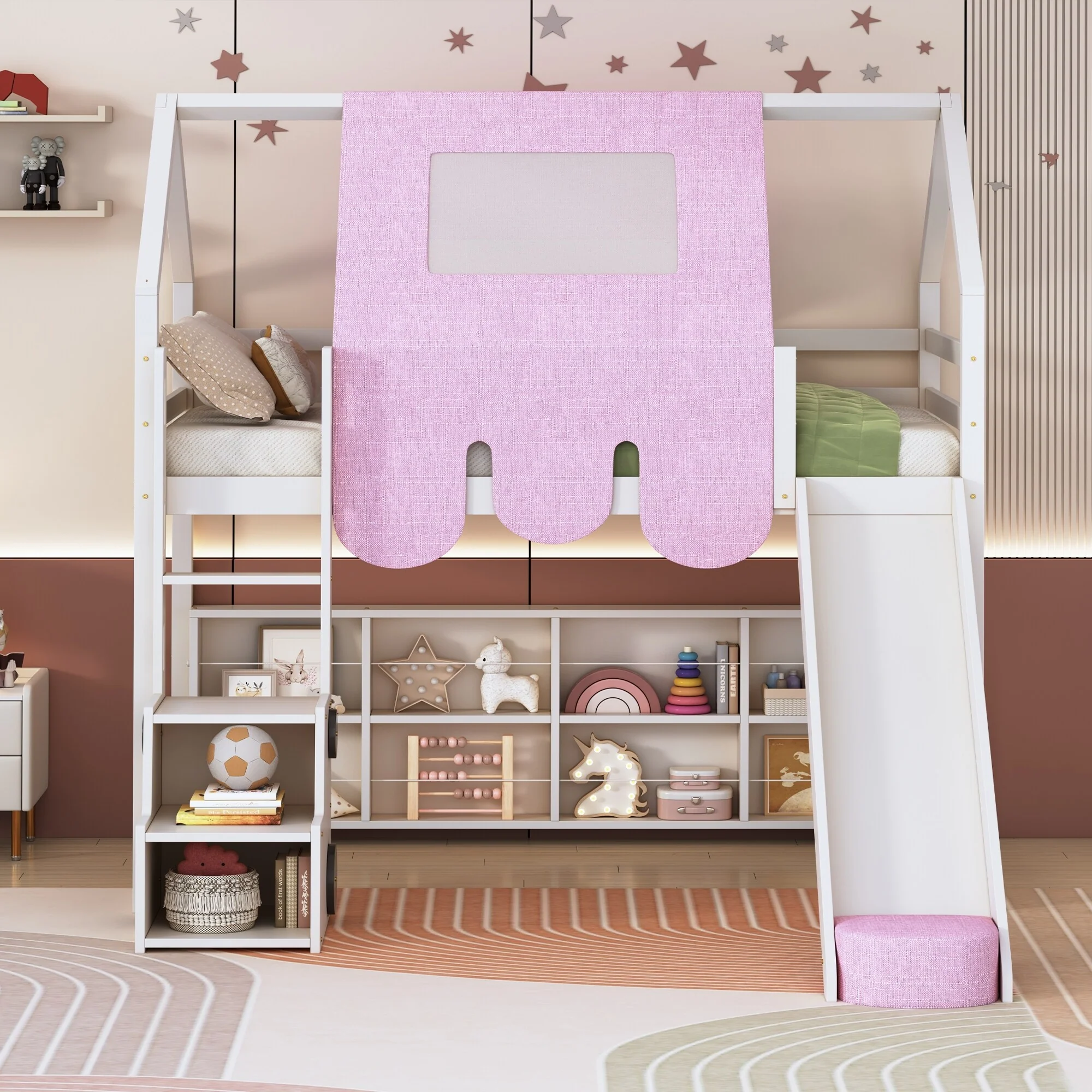 Twin size Wooden Loft Bed House-shaped Frame with a Tent, White+Pink