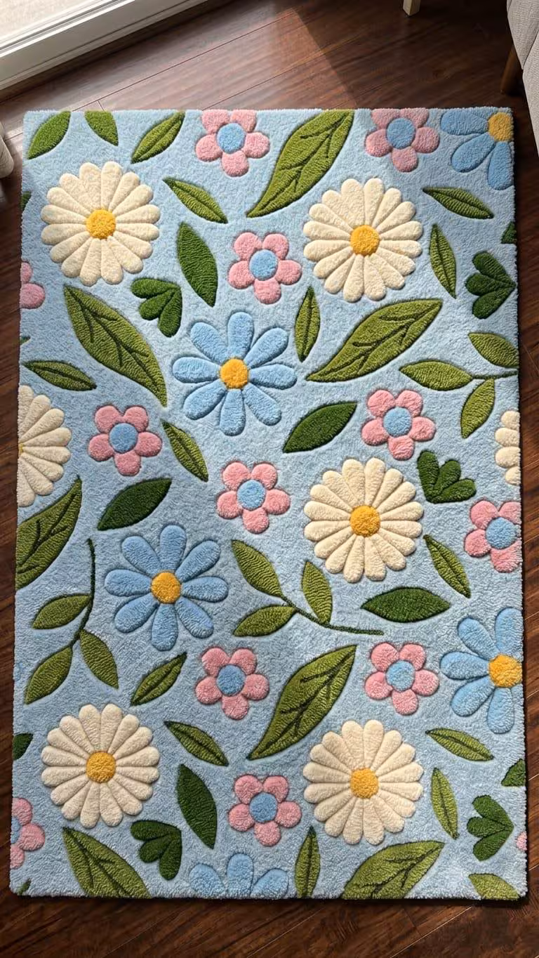 Floral Wool Rug, Blue Flower Area Rug, Handmade Botanical Carpet, Cottagecore Rug, Daisy Rug, Colorful Bedroom Living Room Decor