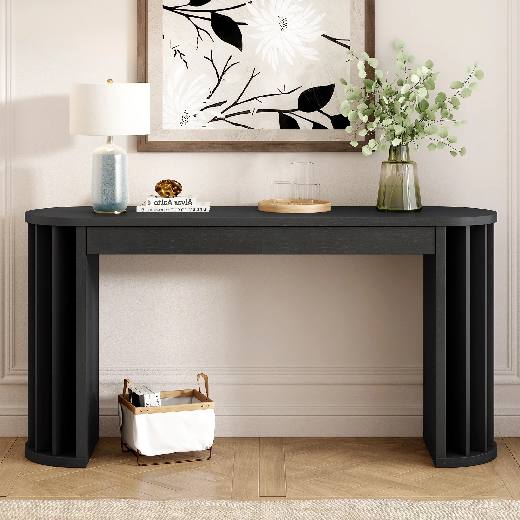 59-inch Long Console Table,Oak Veneer Sofa Table,Curved and Straight Line Design,Behind the Couch