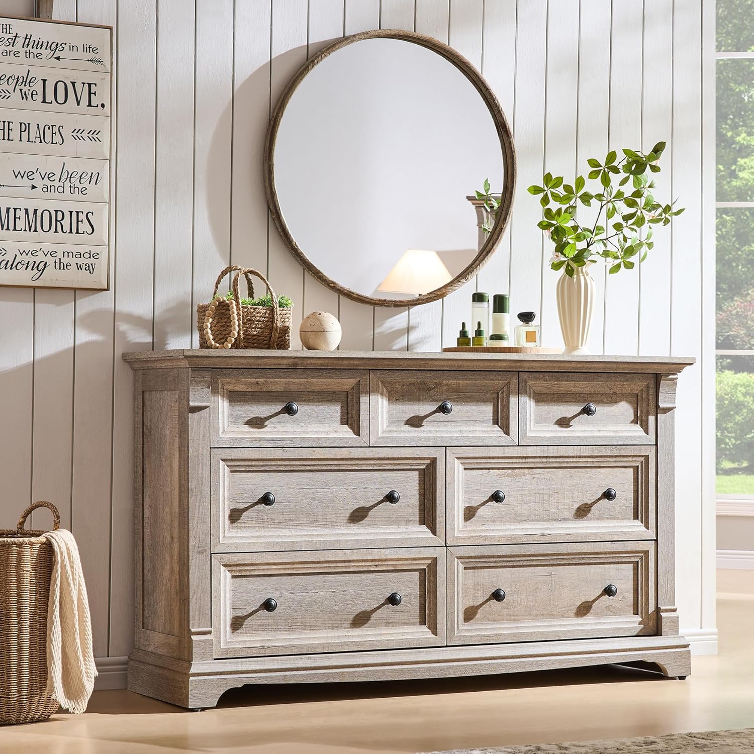 T4TREAM Farmhouse 7 Drawers Dresser for Bedroom, 54 Wide Wood Rustic Chest of Drawers w/Roman Column, Wooden Storage Dressers Organizer for Bedroom, Living Room, Light Rustic Oak