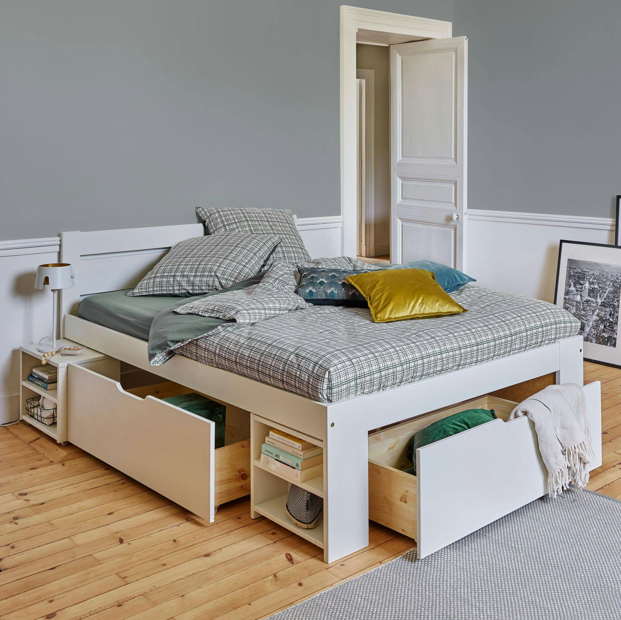 TARA - Lit rangement en bois massif blanc 140 x 200 cm