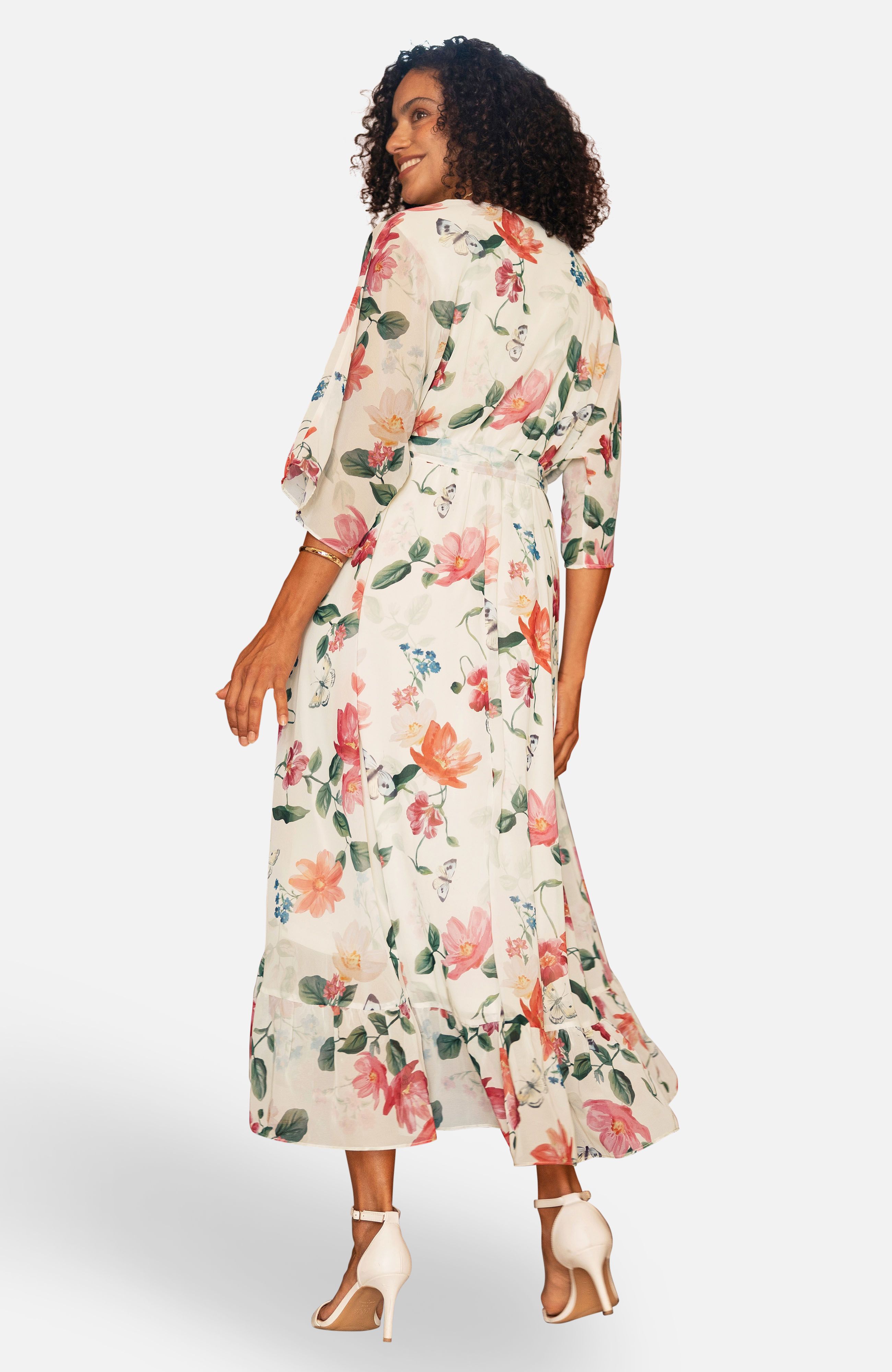 Yumi Floral Kimono Wrap Dress With Dip Hem