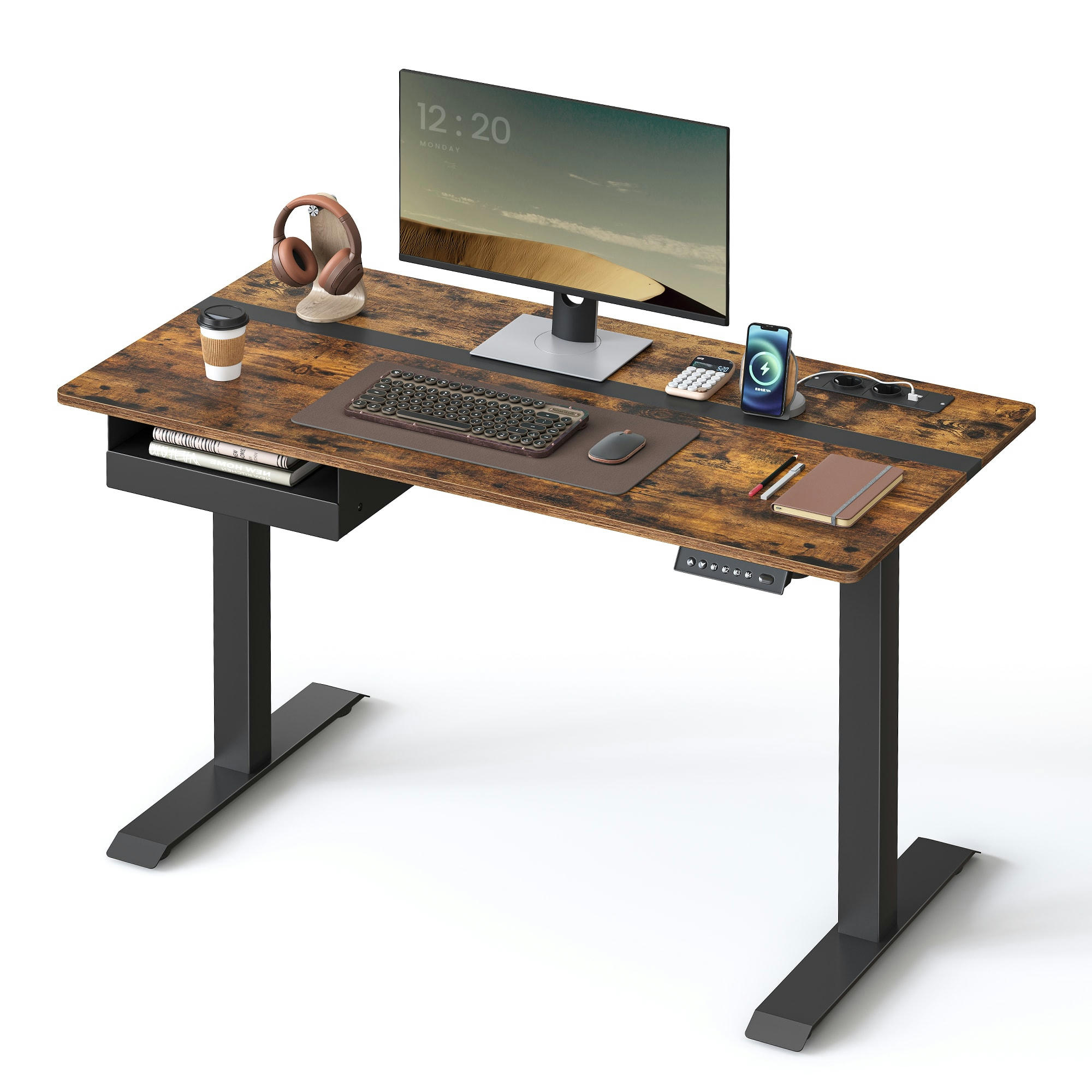 - Bureau assis-debout 120 cm effet bois marron rustique