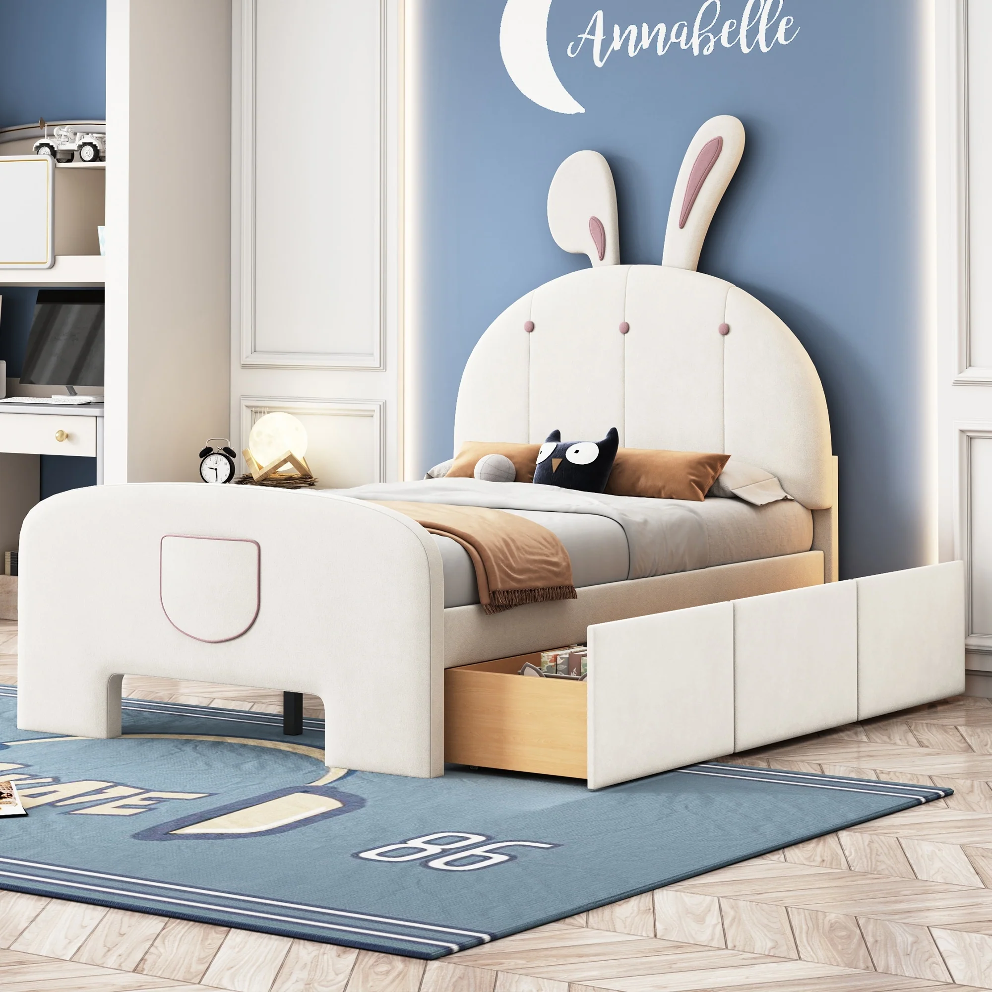 Twin Size Rabbit-Shaped Platform Bed with Storage Pockets and Drawers