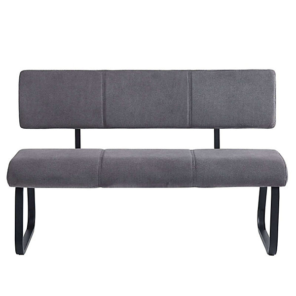 Banc design avec dossier VILAS, en tissu gris foncé et piètement en métal noir