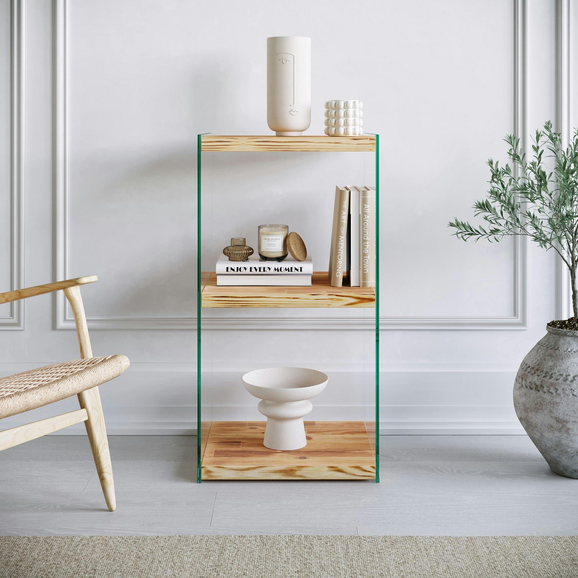Colonne vitrine design - bois clair, 3 plateaux LHASA