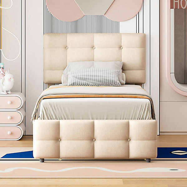 Lit enfant extensible 90x200 cm en tissu beige, tête de lit réglable, rembourrage doux en lin, idéal chambre ado ou invité