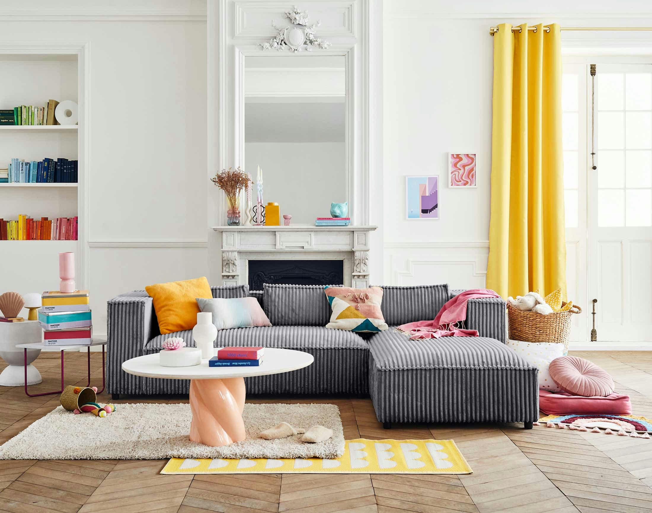 STELLA - Canapé d'angle droit 4 places en velours grosses côtes gris