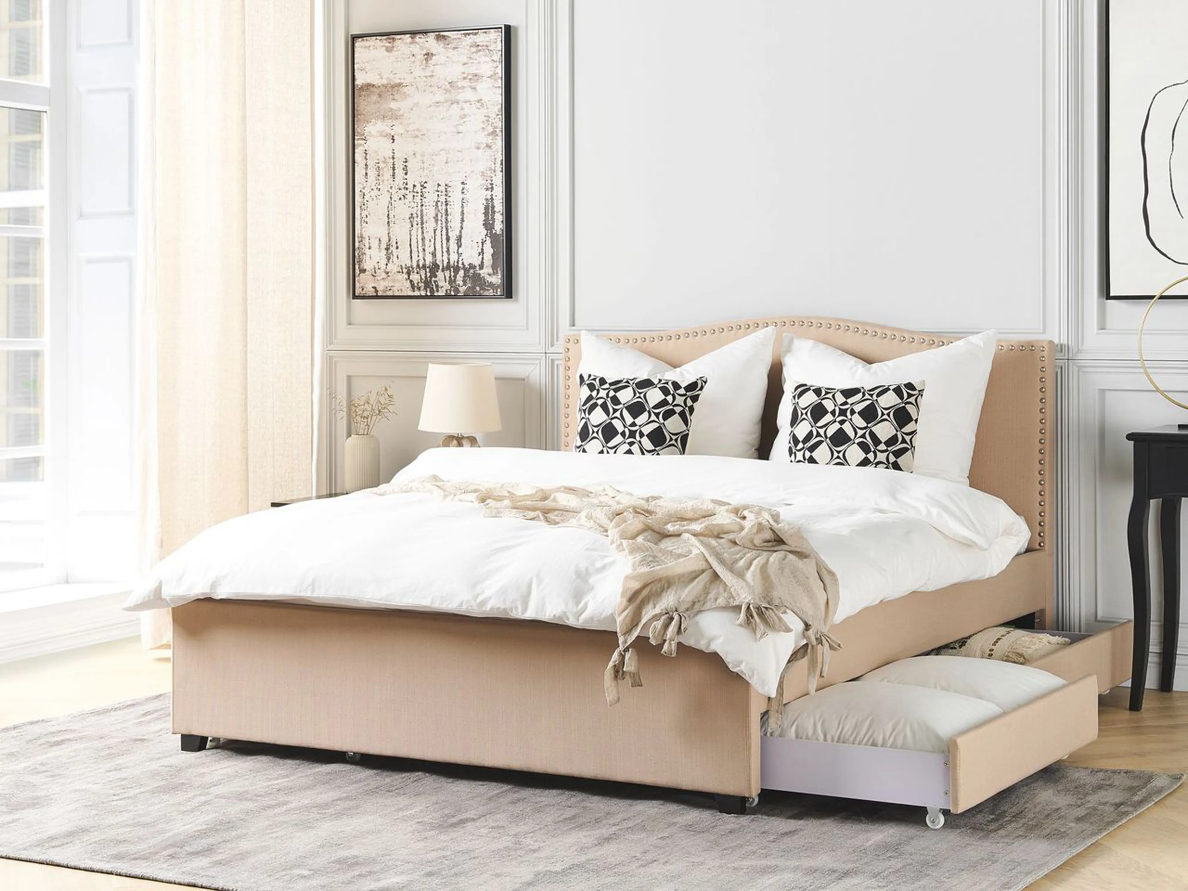 Bed with Storage Drawers Fabric MONTPELLIER 160 x 200 cm (EU King Size) Beige