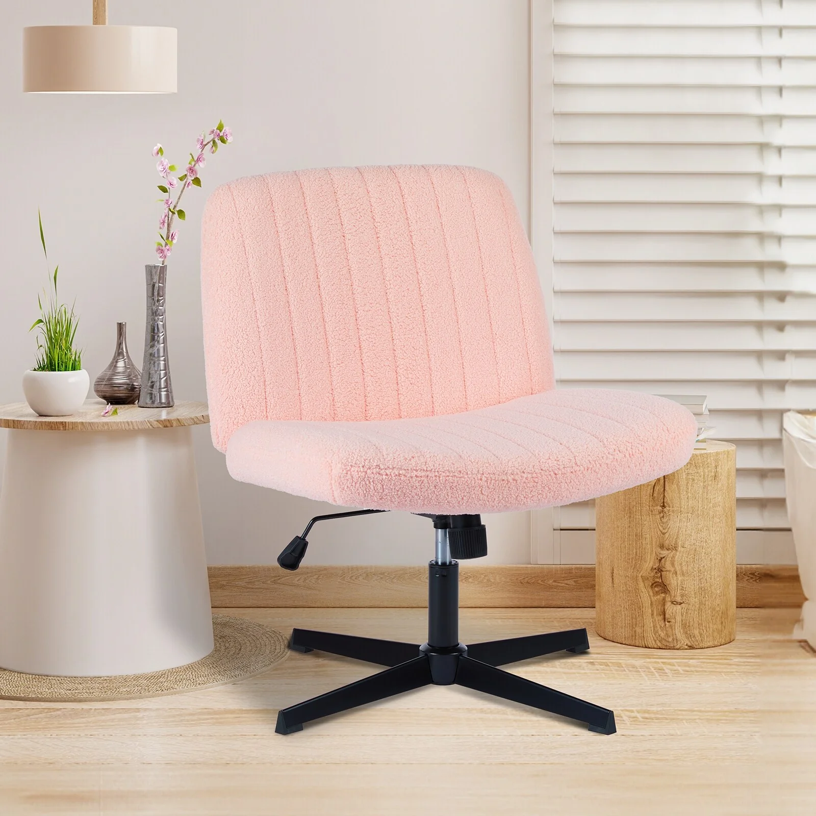 Armless Desk Chair without Wheels Wide Swivel Chair Teddy Fabric Home Office Desk Chairs