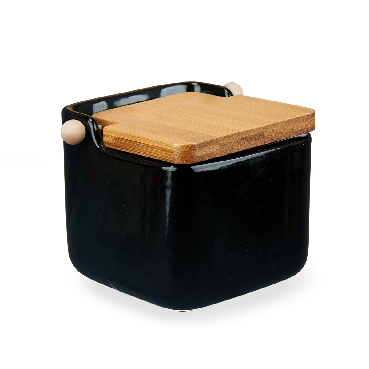 Saleiro preto de cerâmica com tampa em bambu 800ml