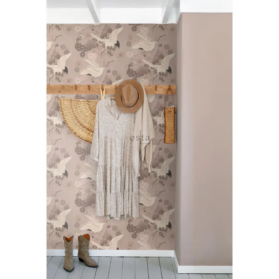 ESTAhome behang kraanvogels grijs roze - 50 x 900 cm