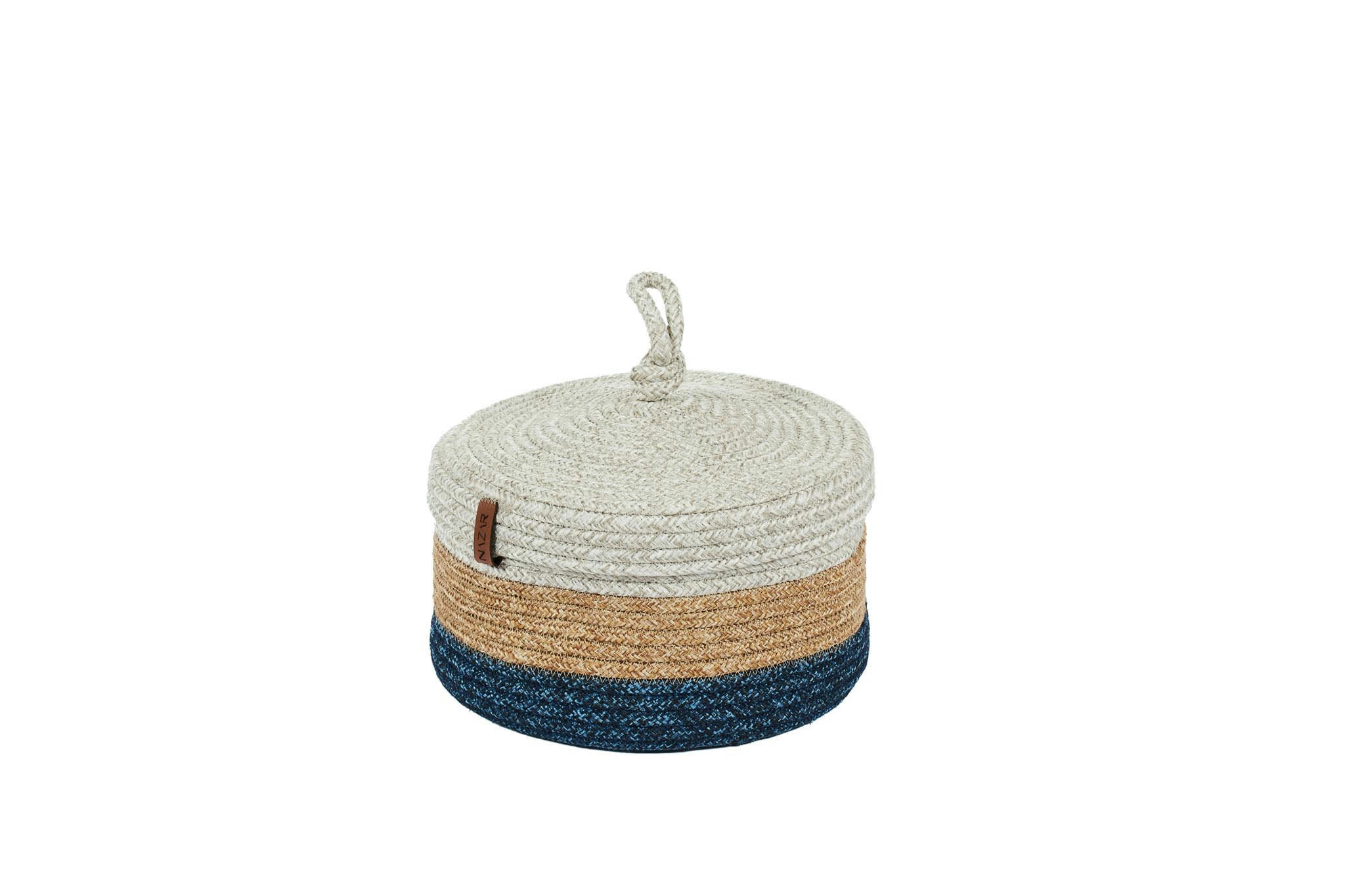 CALI - Panier tricolore aspect jute fait main gris et bleu - 23x12