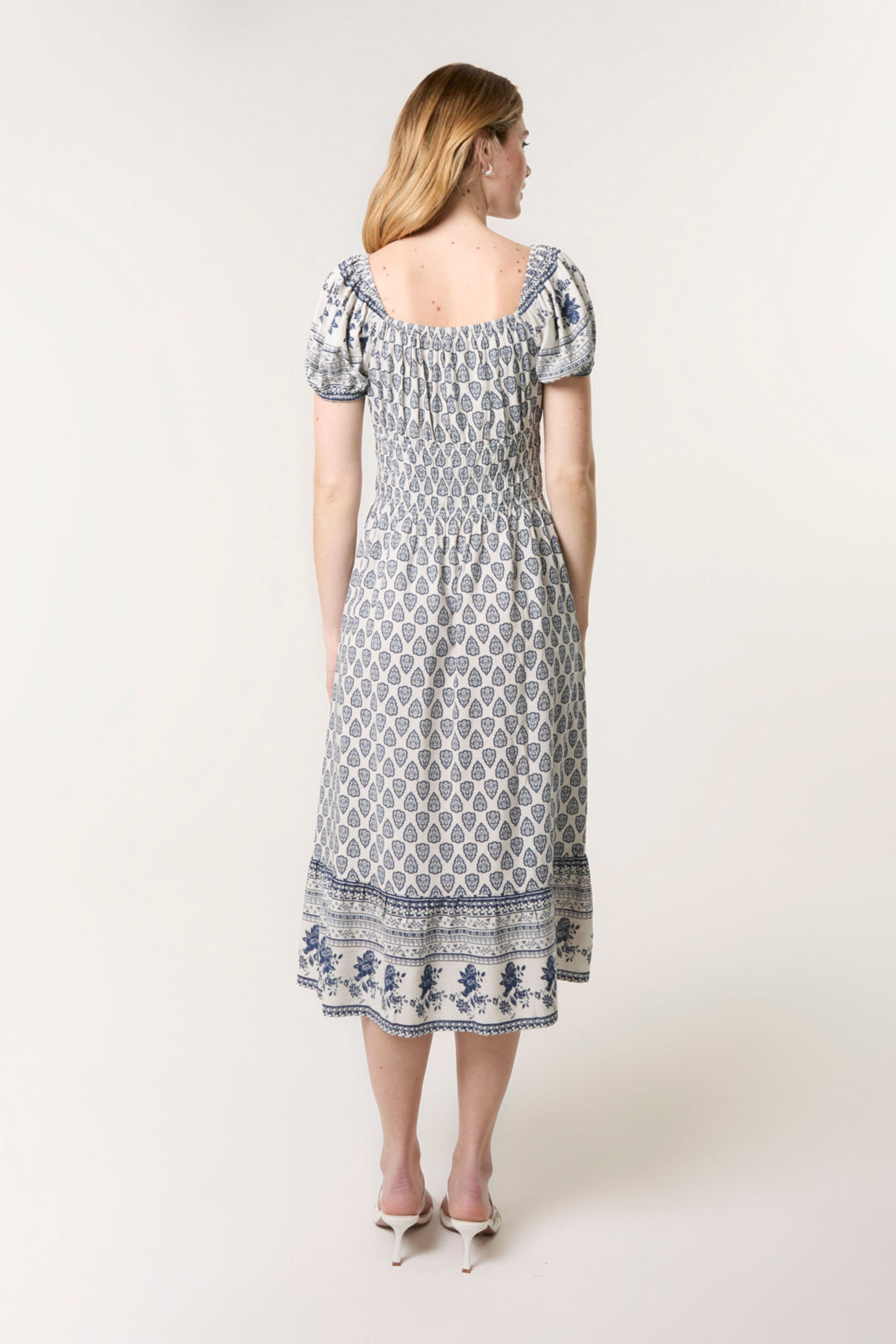 Blue Vanilla Navy Border Print Puff Sleeve Midi Dress