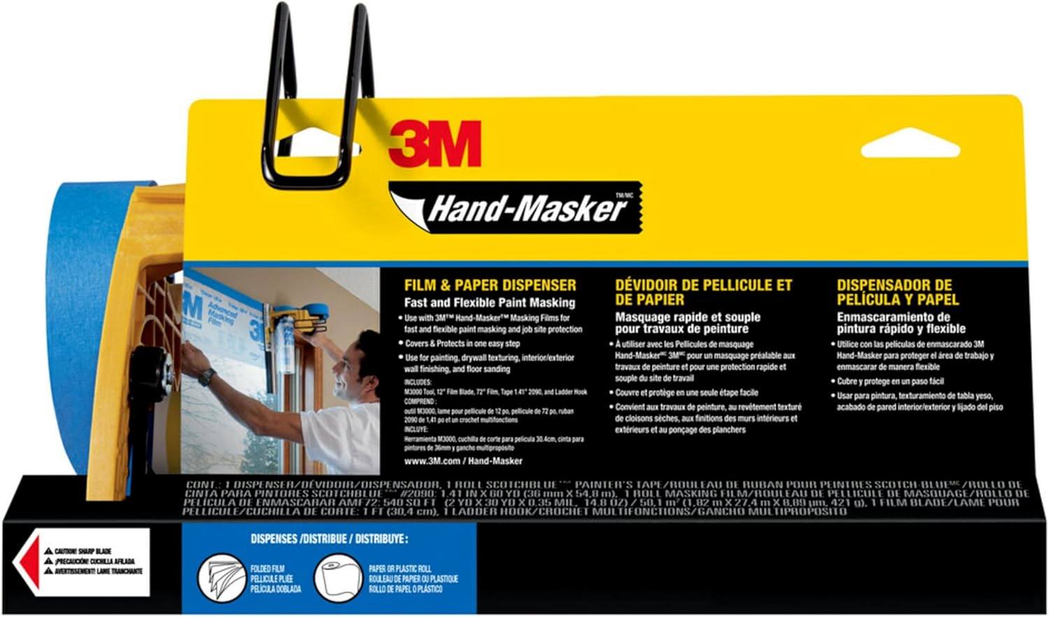 3M Hand-Masker M3000 Tool Painter's Tape and Masking Film Dispenser Kit, 3M Hand Masker Protects Surfaces from Paint Splatters, Includes 12-Inch Blade, Painter's Tape and Masking Film, 1 Kit