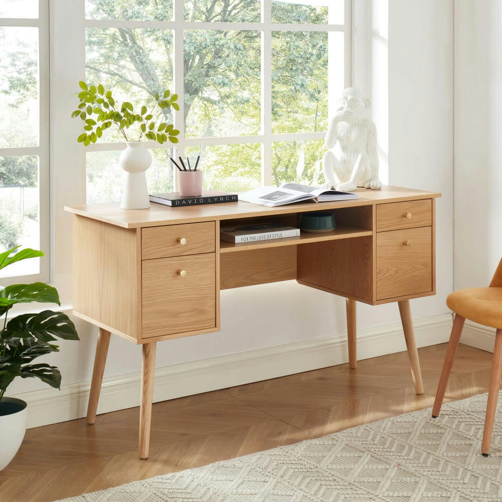 GRUDE - Bureau 4 tiroirs en bois L130cm bois clair