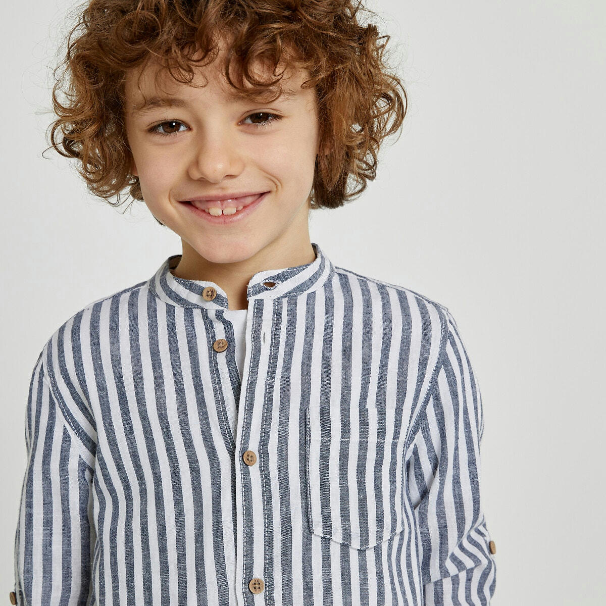 Chemise col mao rayée, lin mélangé 3-12 ans