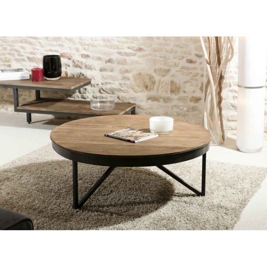 ALIDA - Table basse ronde en teck recyclé et pieds métal noir D90