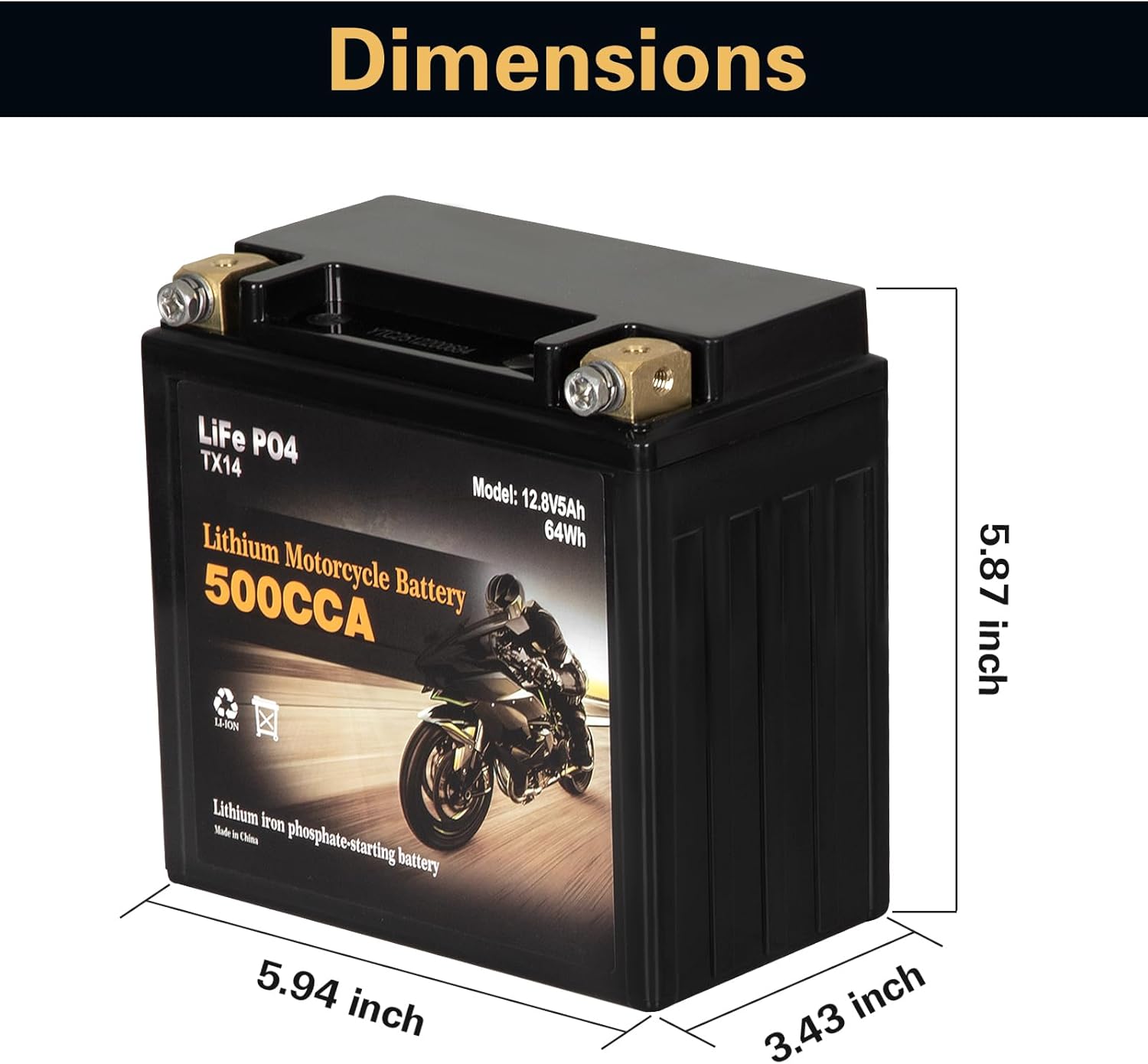 Autocessking YTX14-BS Lithium Motorcycle Battery, Group 14, 500A LiFePO4 Battery, 12V 5AH ATV, UTV, Jet Ski, 4 Wheeler, Snowmobile, Personal Watercraft, Seadoo, Polaris, Riding Lawn Mower Batteries