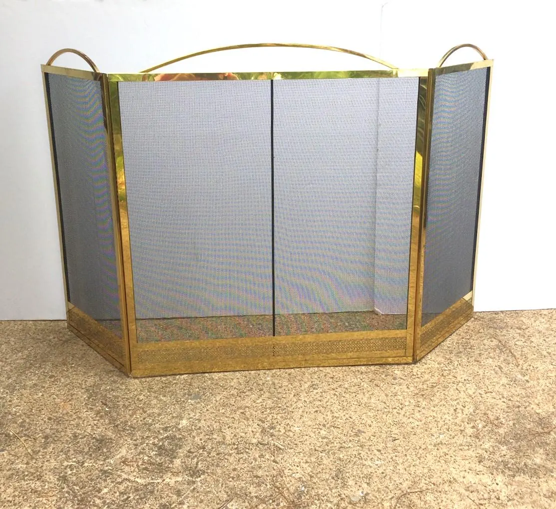 Fireplace Screen Brass Mesh Vintage Brass Plate MCM 3 Panel Large 35in H Black Mesh Folding Fire Screen Bordered Hearth Mid Century Mod