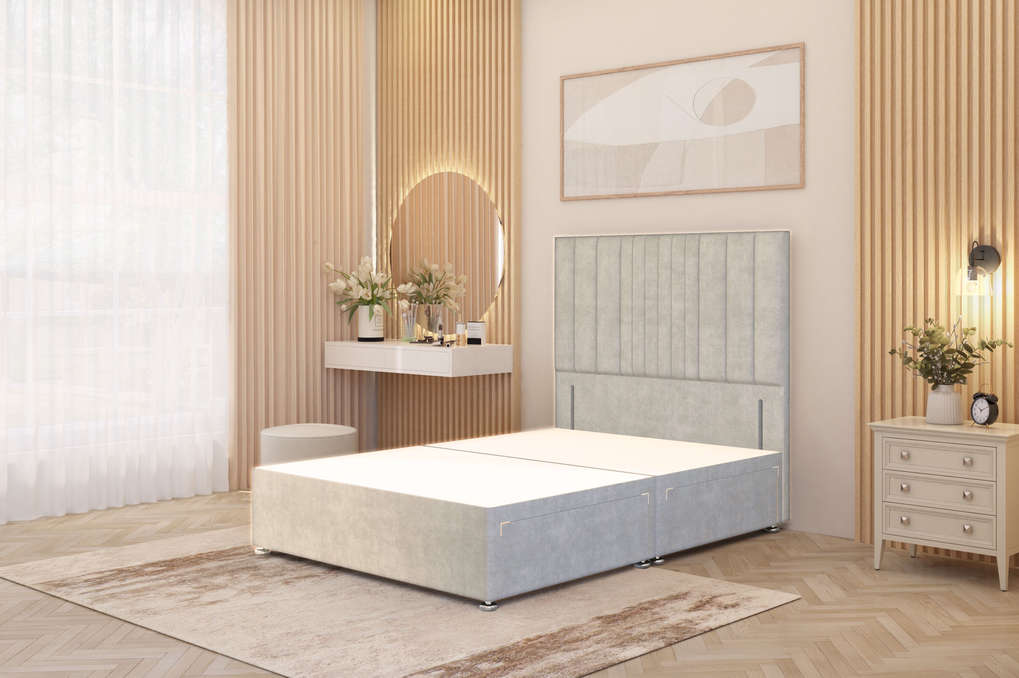 Somnior Alexas Divan 2 Draw Bed Base with Floor Standing Headboard Plush Velvet