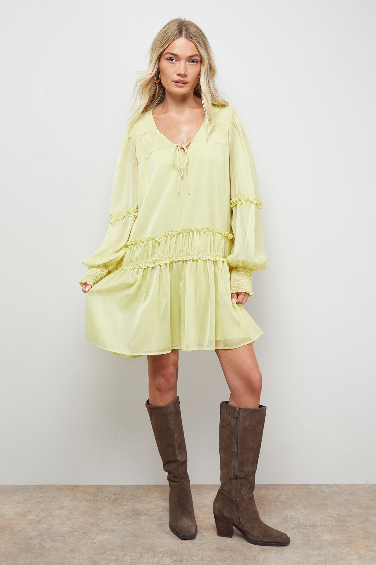 Oasis Plain Chiffon Shirred Front Tie Neck Mini Dress