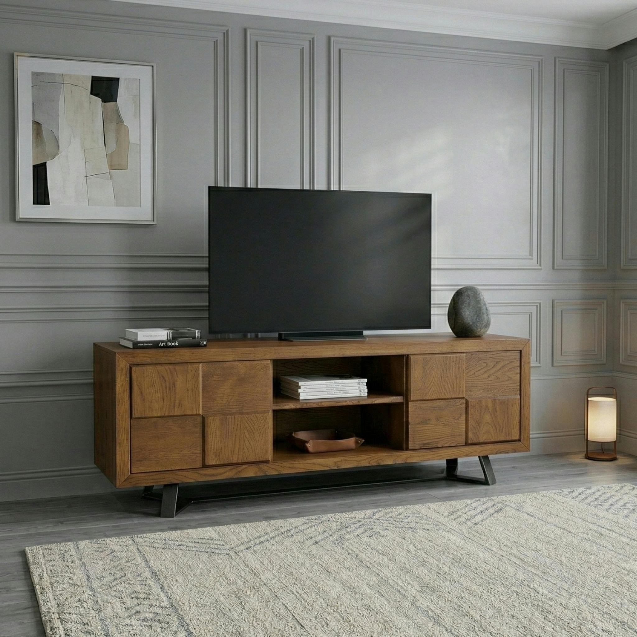 Meuble tv bois motif damier 150 cm OKA