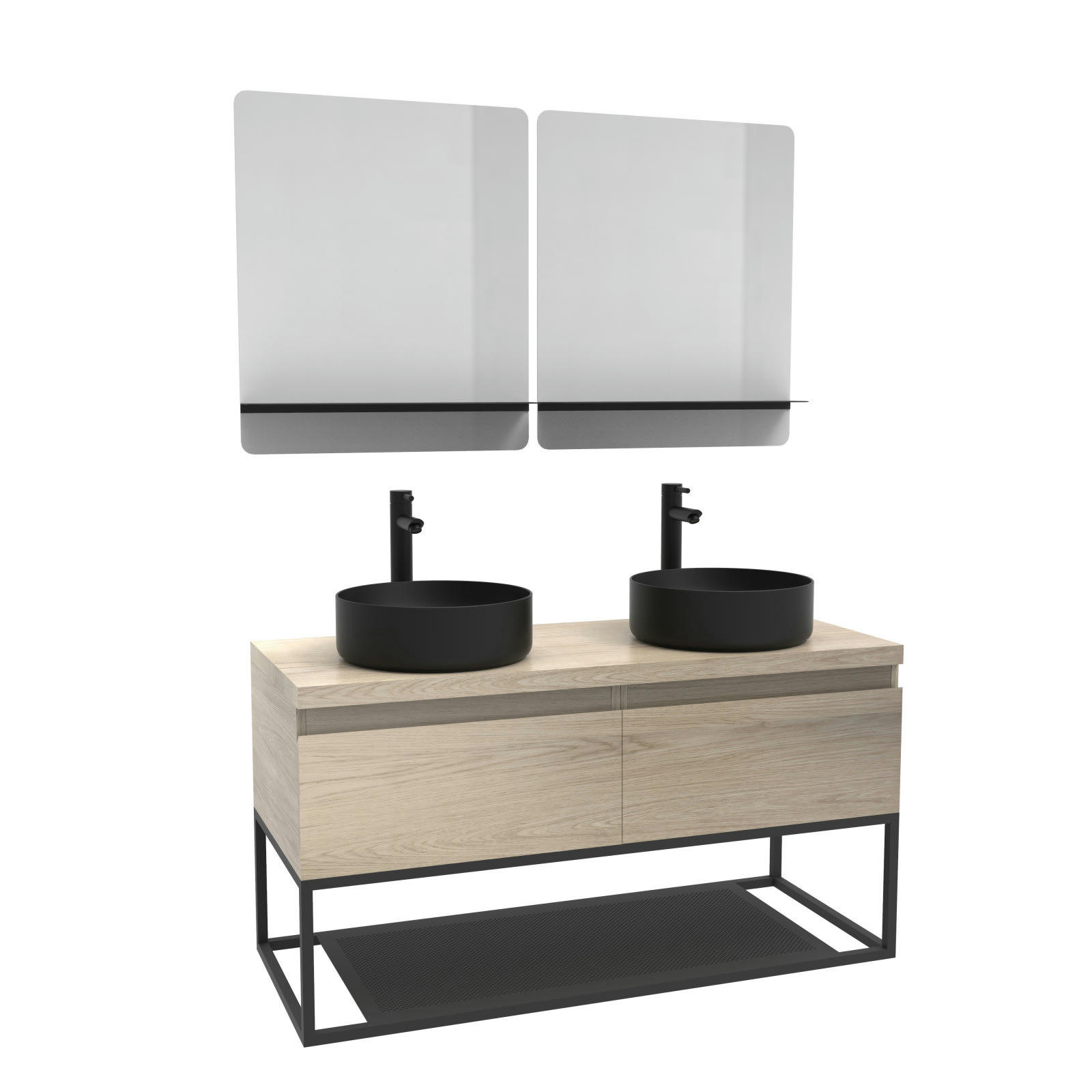 WILL - Meuble de salle de bain bois et métal avec vasques noires et miroirs