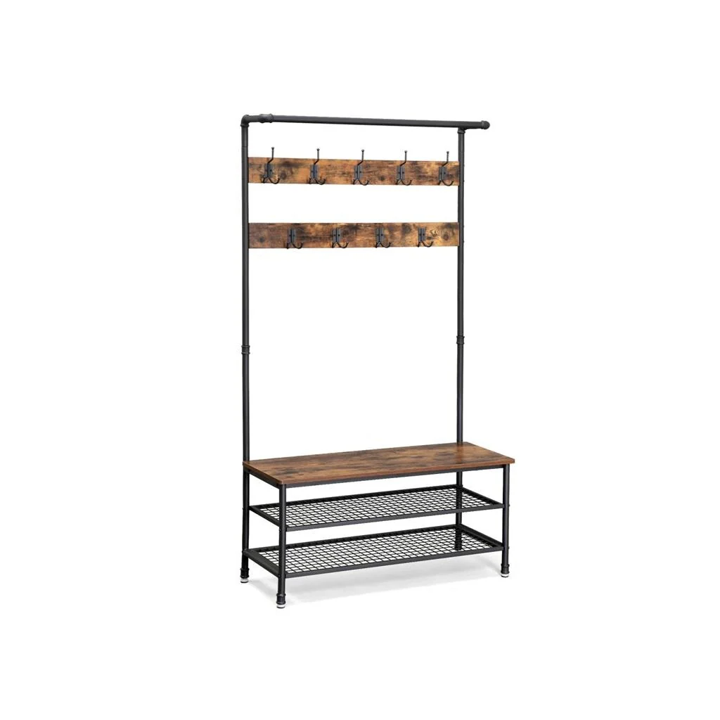 VASAGLE Industrial Coat Rack Storage Bench, Pipe Style Hat and Coat Stand, Multifunctional Hall Tree - 9'6 x 12'11
