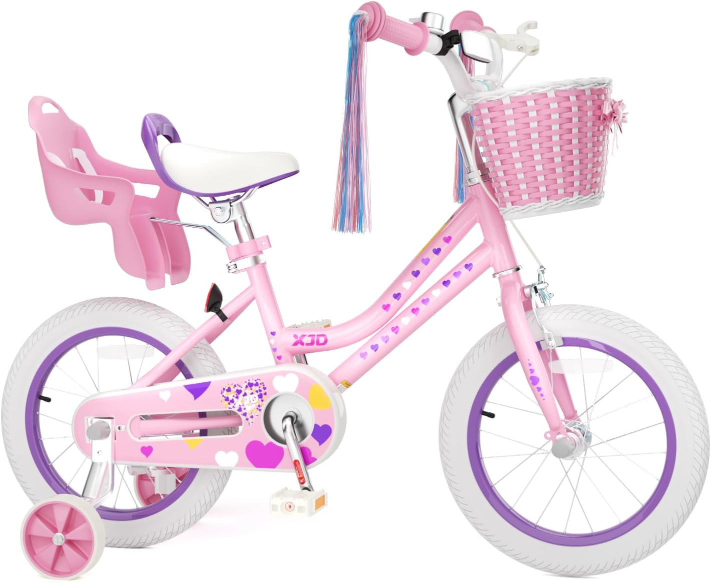 XJD Girls Bike for Toddlers 3-9 Years Old Kids, 12 14 16 Inch Kids Bike with Training Wheels, Streamers, Basket and Doll Seat