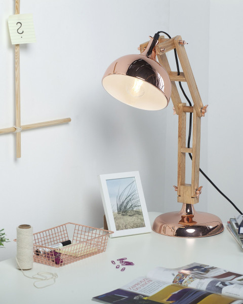 Lampka biurkowa nocna drewniana miedziana