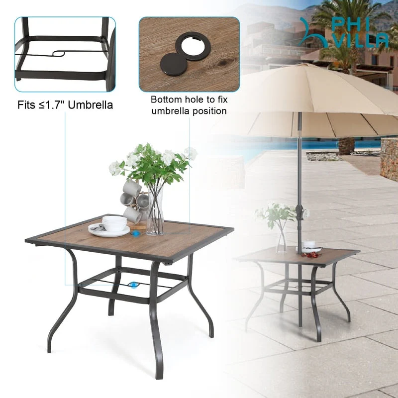 37 x 37 Outdoor Patio Wood-Like Square Dining Table with Metal Steel Frame and Umbrella Hole
