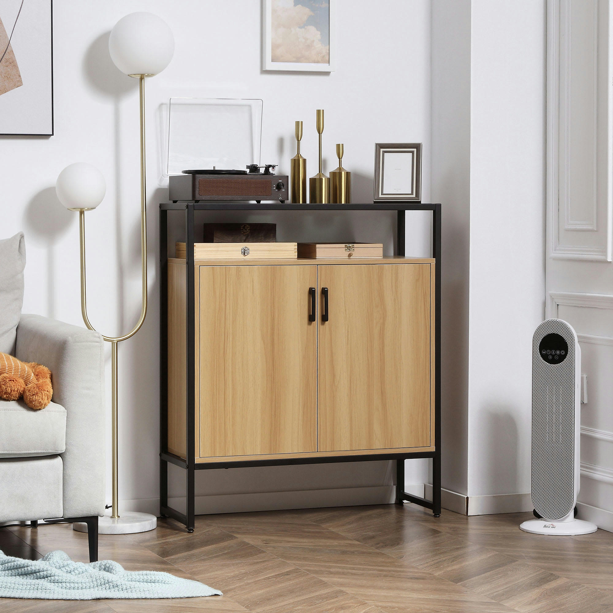 - Buffet 2 portes étagères verre trempé fumé métal noir aspect bois