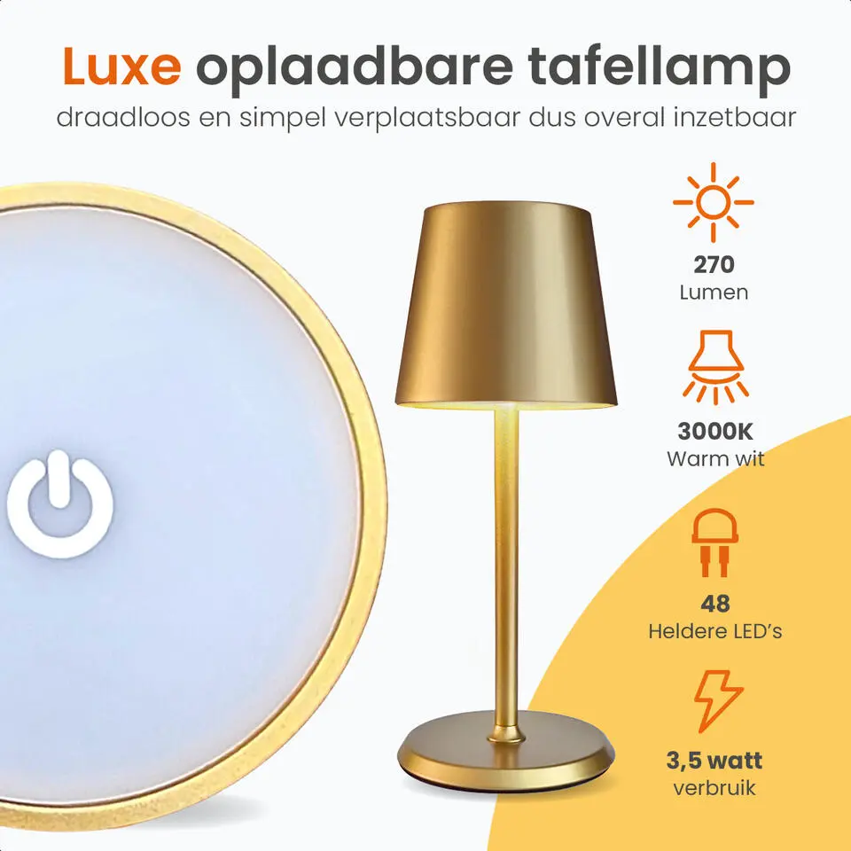 Goliving Tafellamp Oplaadbaar �?Draadloos en dimbaar �?Moderne touch lamp