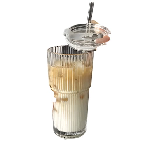 NNEOBA Stripe Glass Coffee Cup with Lid and Straw