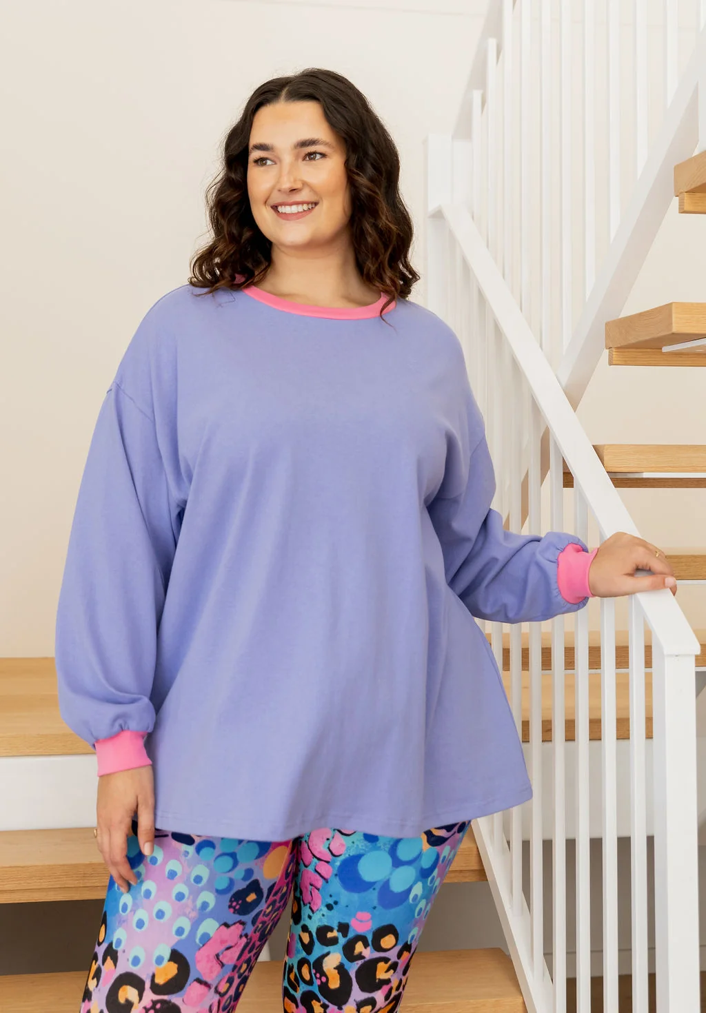 Rory Long Sleeve Tee in Cornflower/Pink Contrast