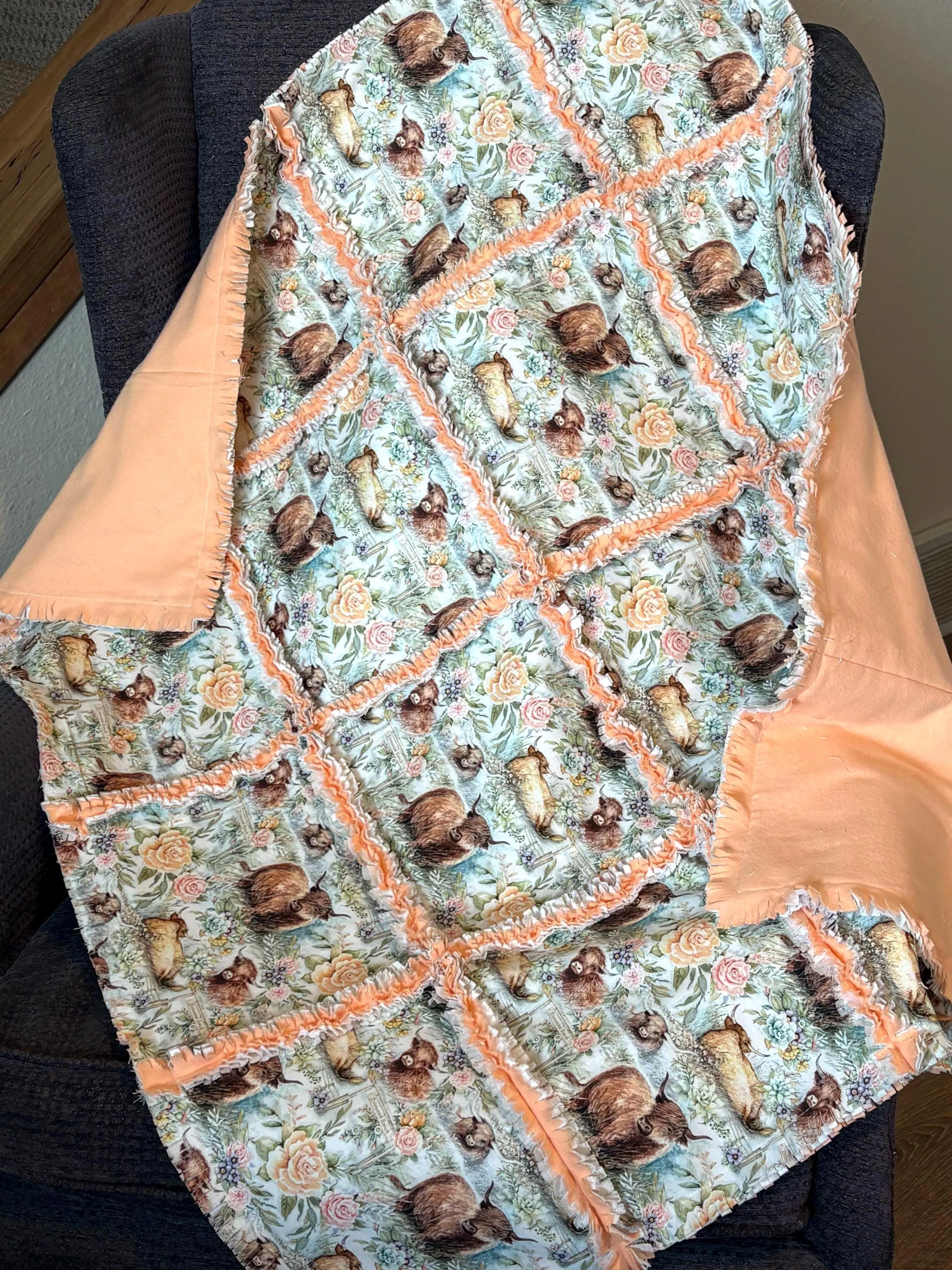 Highland Ranch Cow Country Roses, NO CUT rag Quilt kit-DIY blanket, includes cotton top, flannel middle & peach flannel back