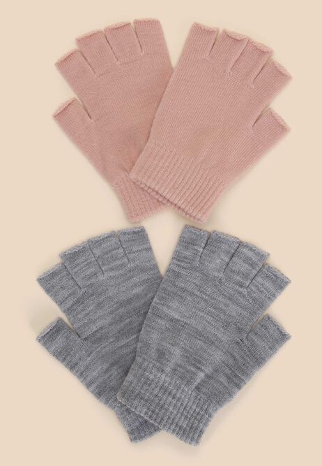 Womens 2pk Pink & Grey Knit Fingerless Gloves