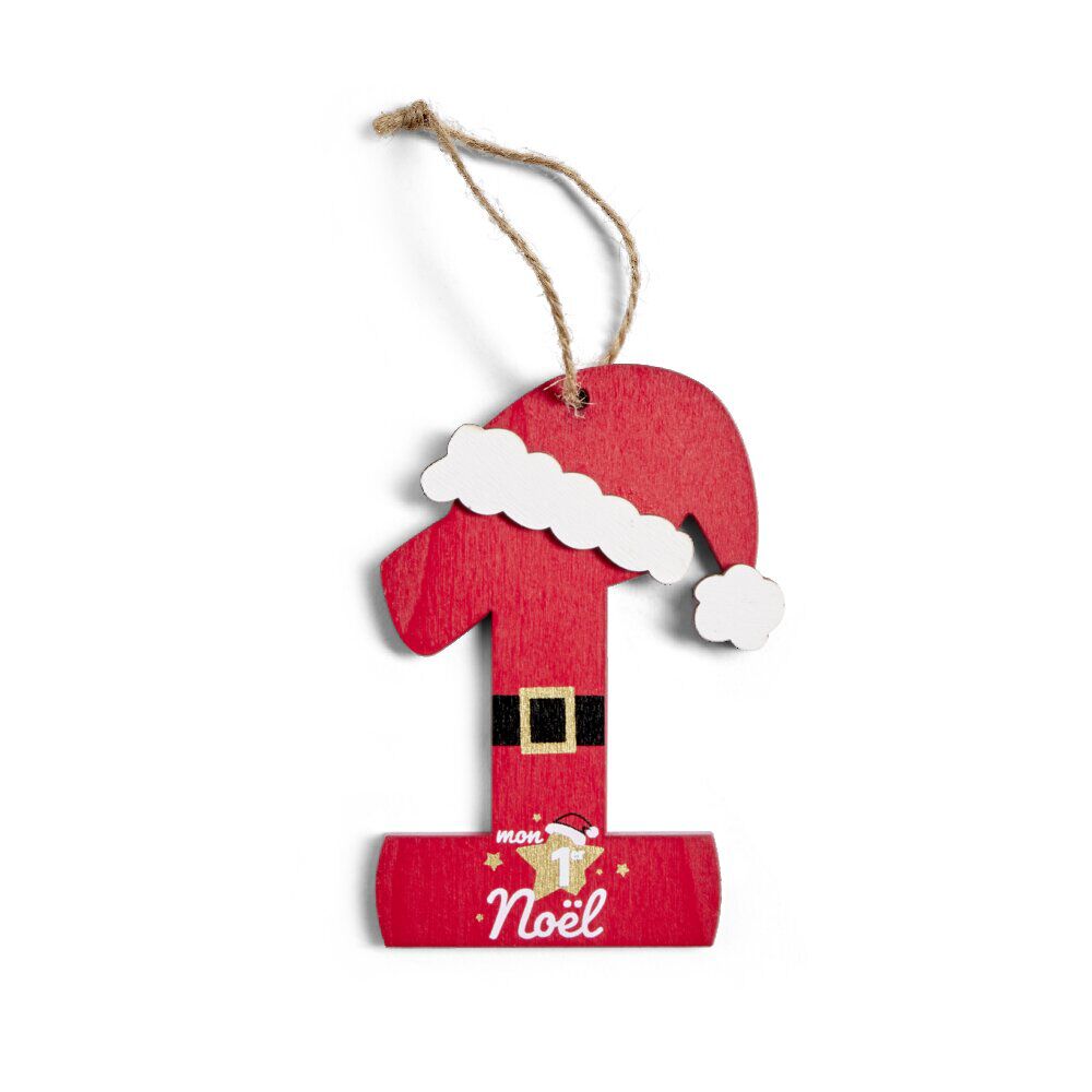 Décoration "Mon 1er No&euml;l" à suspendre en bois chiffre 1 rouge H10cm