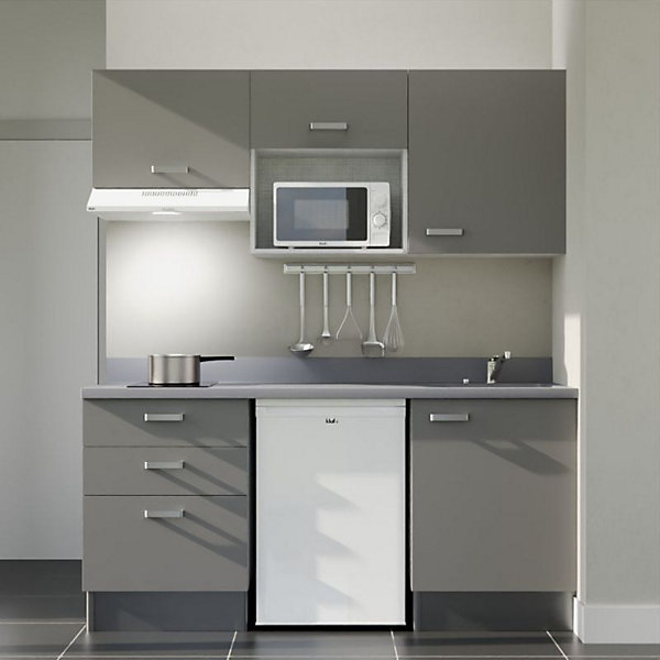 Kitchenette K20 - 180 cm - façades Gris - Plan monobloc en quartz coloris Cromo évier à droite - Electroménager Blanc