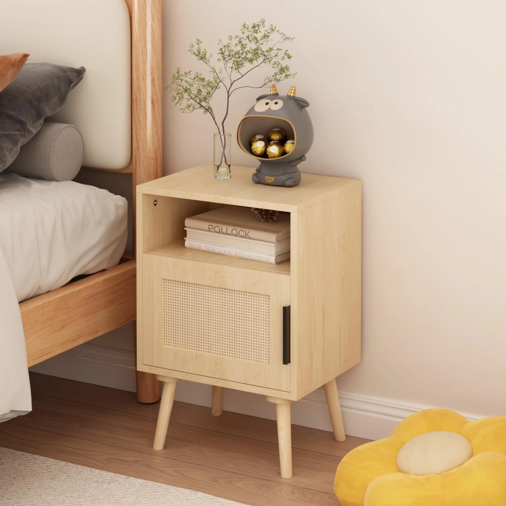 Rattan Nightstand, Side Table With Door Open Shelf, Accent Bedside End Table With Solid Wood Legs