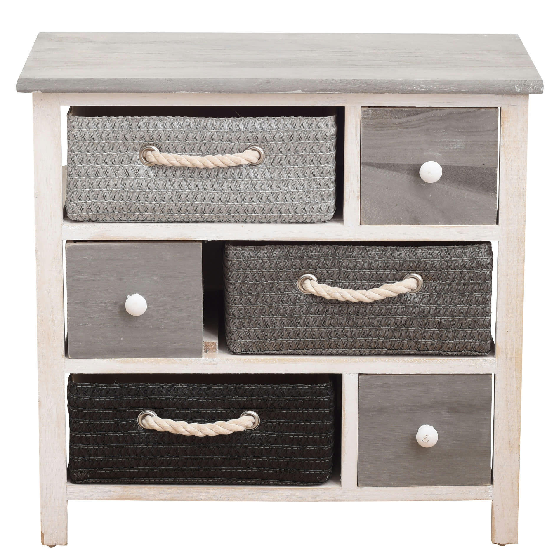 - Chiffonier à 6 tiroirs en bois et tissu blanc et gris