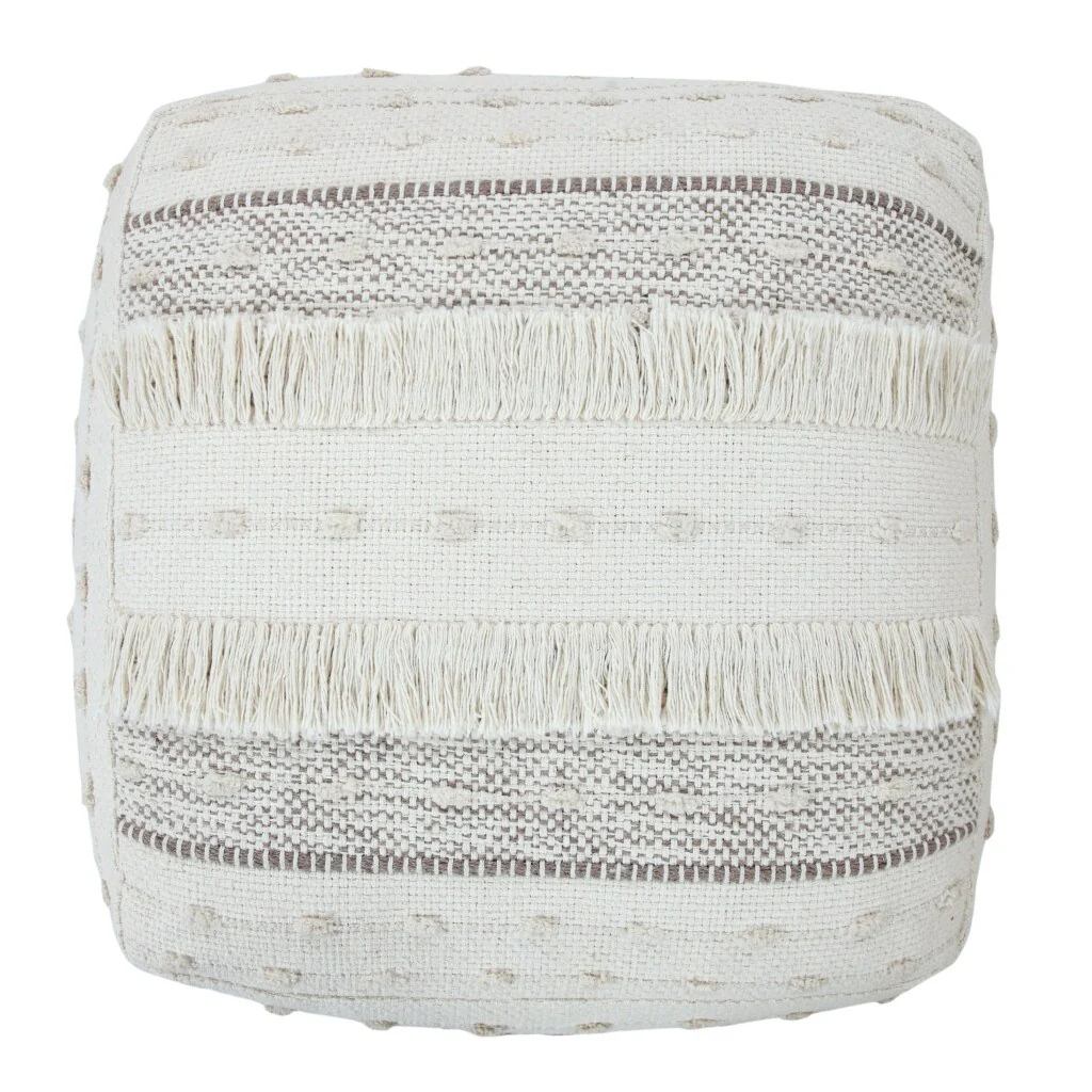Cream Cotton Pouf Ottoman 18 Inch Striped Square Footrest Seat