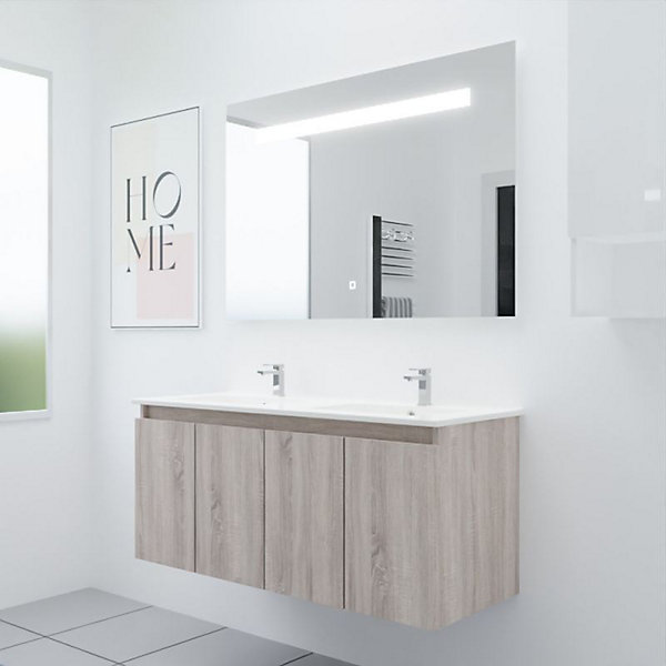 Meuble PROLINE 120 cm avec plan double vasque et miroir Elégance ht80- Bois- Plan vasque en Céramique
