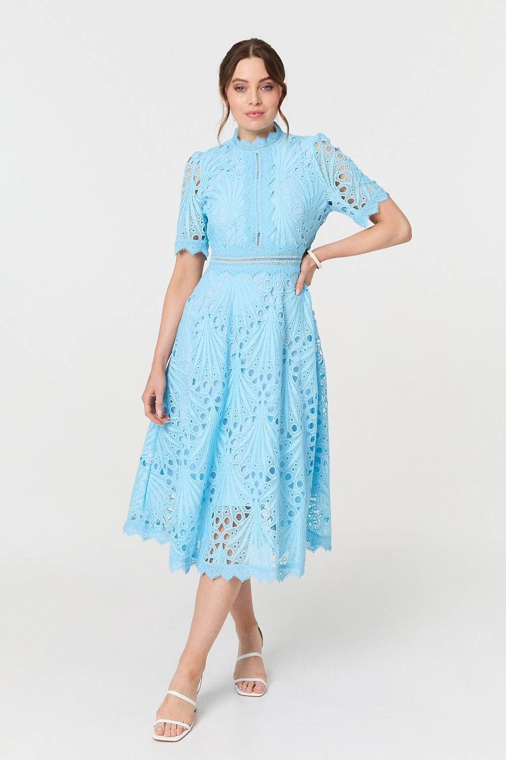 Izabel London Floral Lace Cut Out Frilled Trim Midi Dress