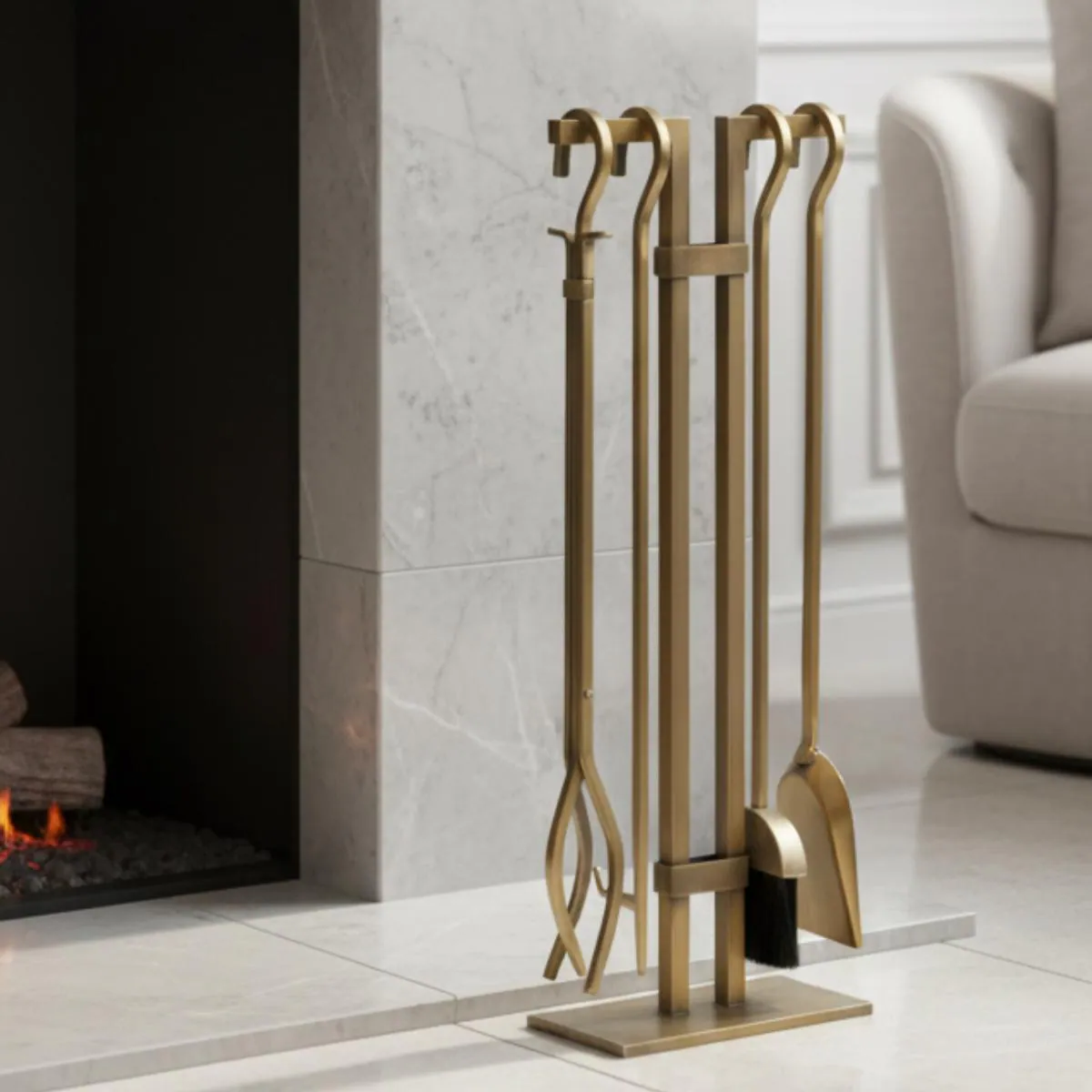 Antique Brass Finish Fireplace Tool Set – 5-Piece Modern Hearth Tools with Stand, 32” Tall, Luxury Fireplace Accessories Indoor Fireplaces