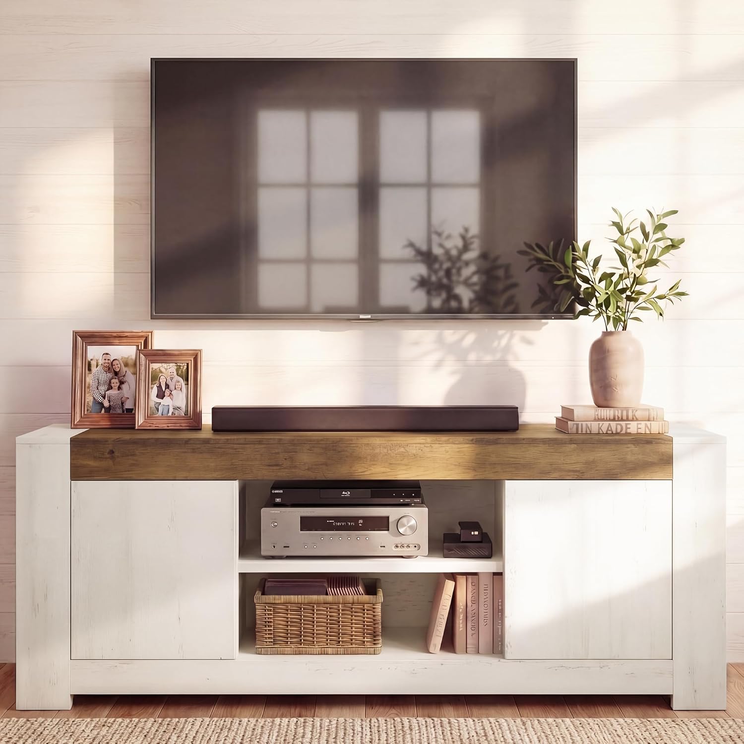 VASAGLE TV Stand, Farmhouse Entertainment Center with Storage Cabinets, Media Console Table for Living Room, Bedroom, for 65 Inch TV, 58 x 15.7 x 23.6 Inches, Rustic White and Honey Brown ULTV623W201S