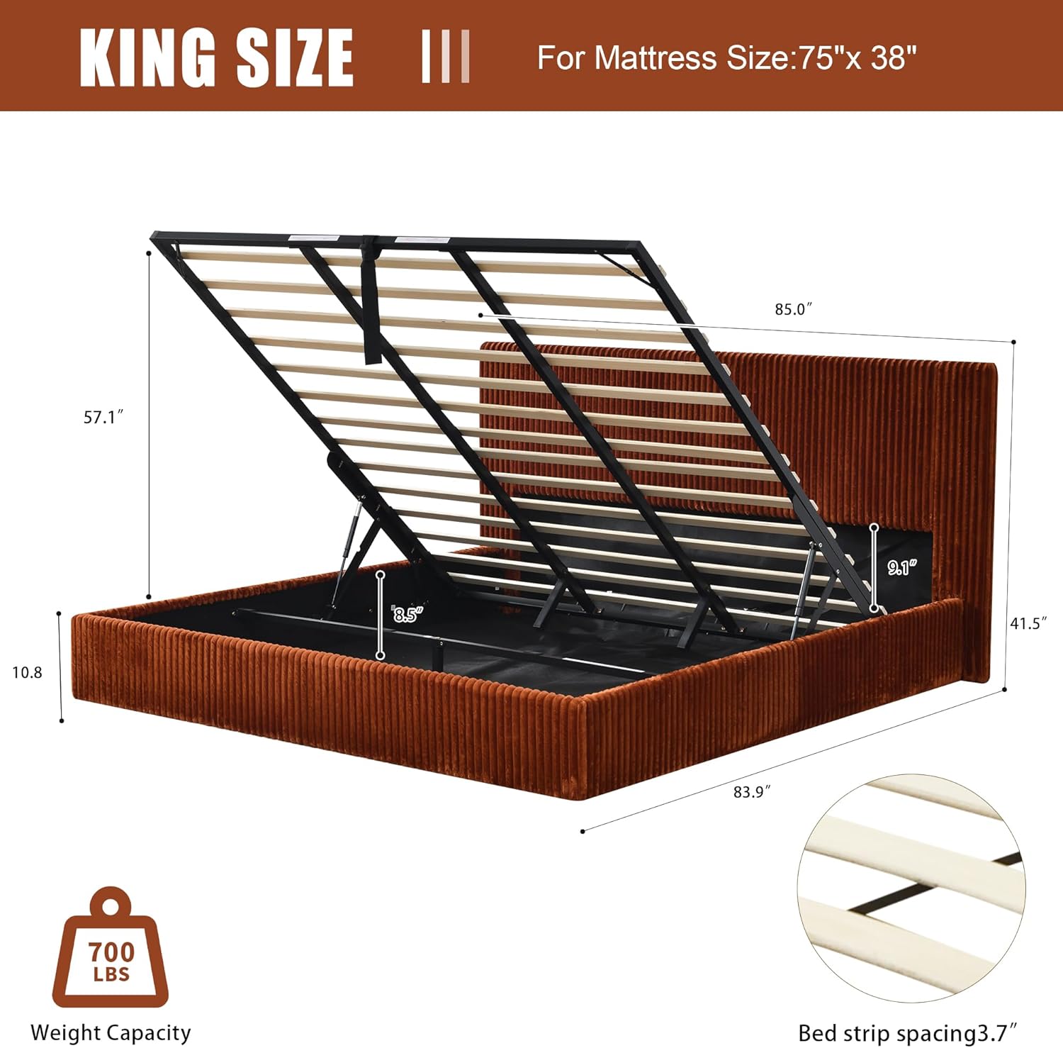 YUHUASHI King Size Storage Bed Frame, Vertical Striped headboard with Delicate Velvet Fabric, Hydraulic Lift for Storage, no Box Spring Needed, no Noise (OCHER, King (U.S. Standard))