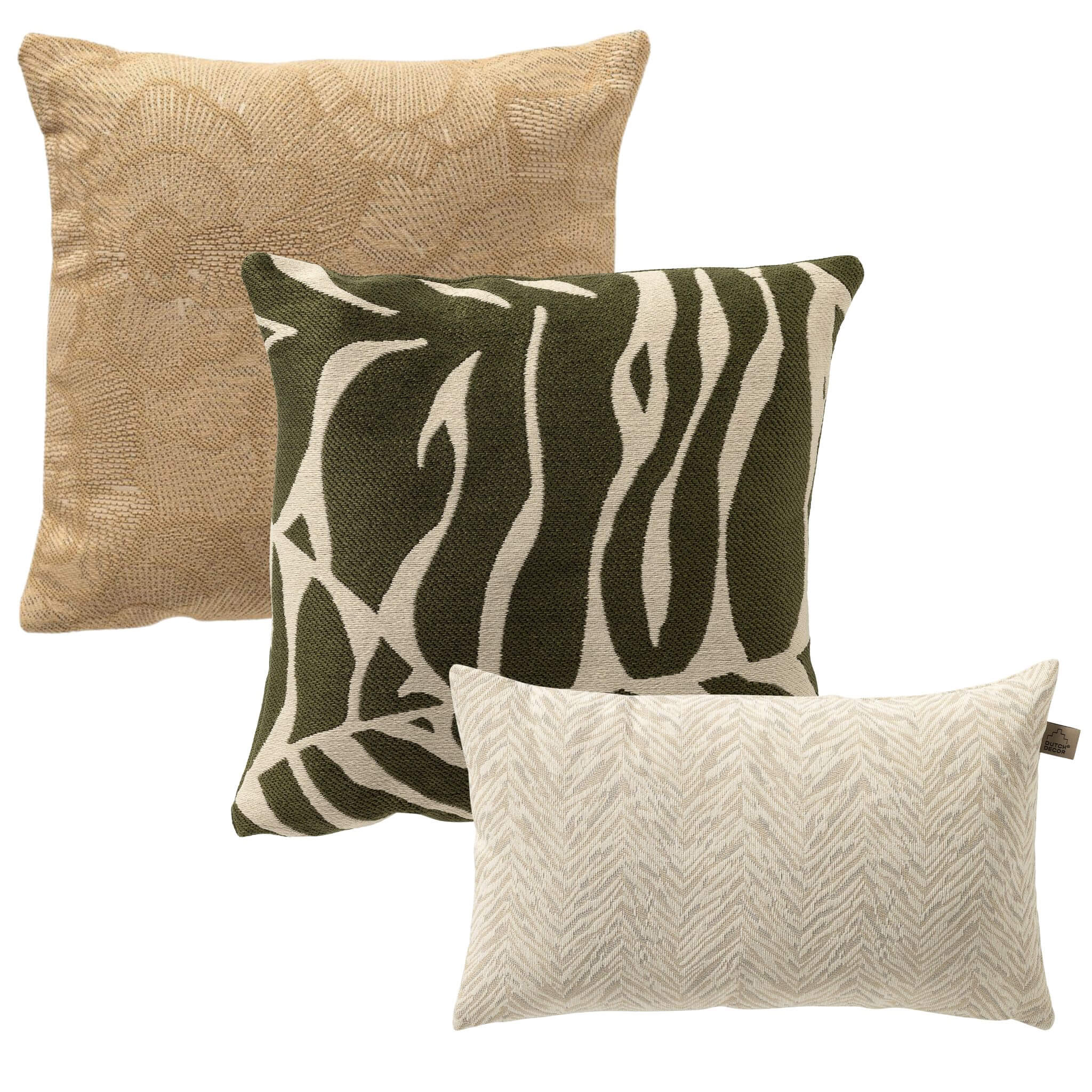 KUSSENSET - 3-delig - Secret Oasis - 45x45 cm, 30x50 cm - inclusief binnenkussens - groen, beige