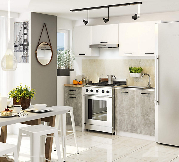 Ensemble de cuisine : blanc / béton, D : l : 180 cm, h : 203 cm, p : 46 cm.